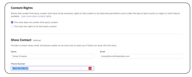 How to start a podcast on Apple by confirming content rights and entering the show contact information.