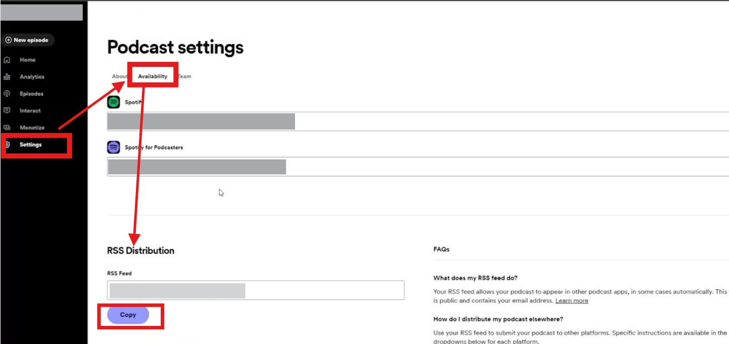 How to start a podcast on Apple by copying the podcast RSS feed from the hosting platform settings.