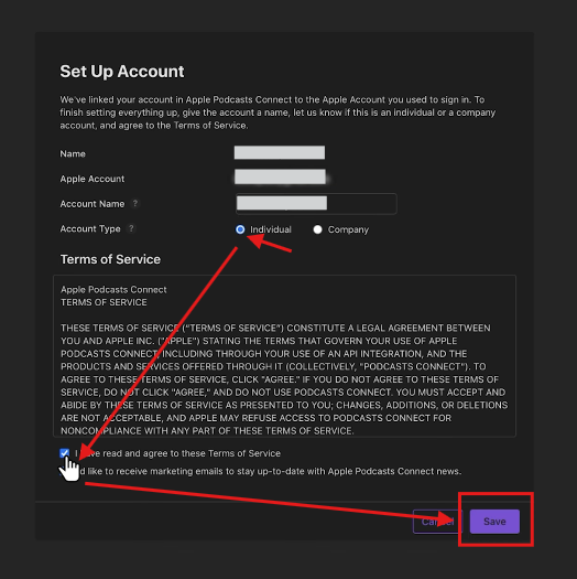 How to start a podcast on Apple by setting up an Apple Podcasts Connect account and accepting the terms of service.