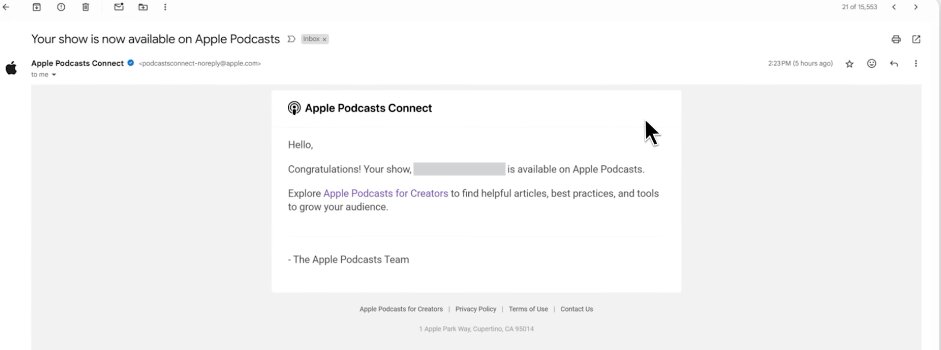 How to start a podcast on Apple with an Apple Podcasts Connect email confirming that the show is now available on Apple Podcasts.