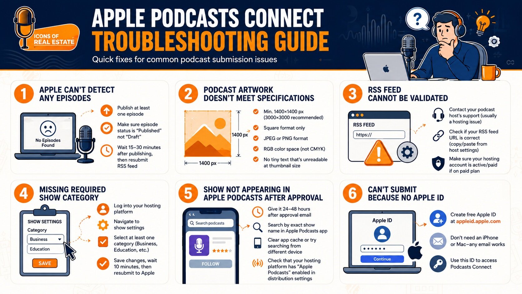 How to start a podcast on Apple with fixes for RSS feed, artwork, category, Apple ID, and podcast approval issues.