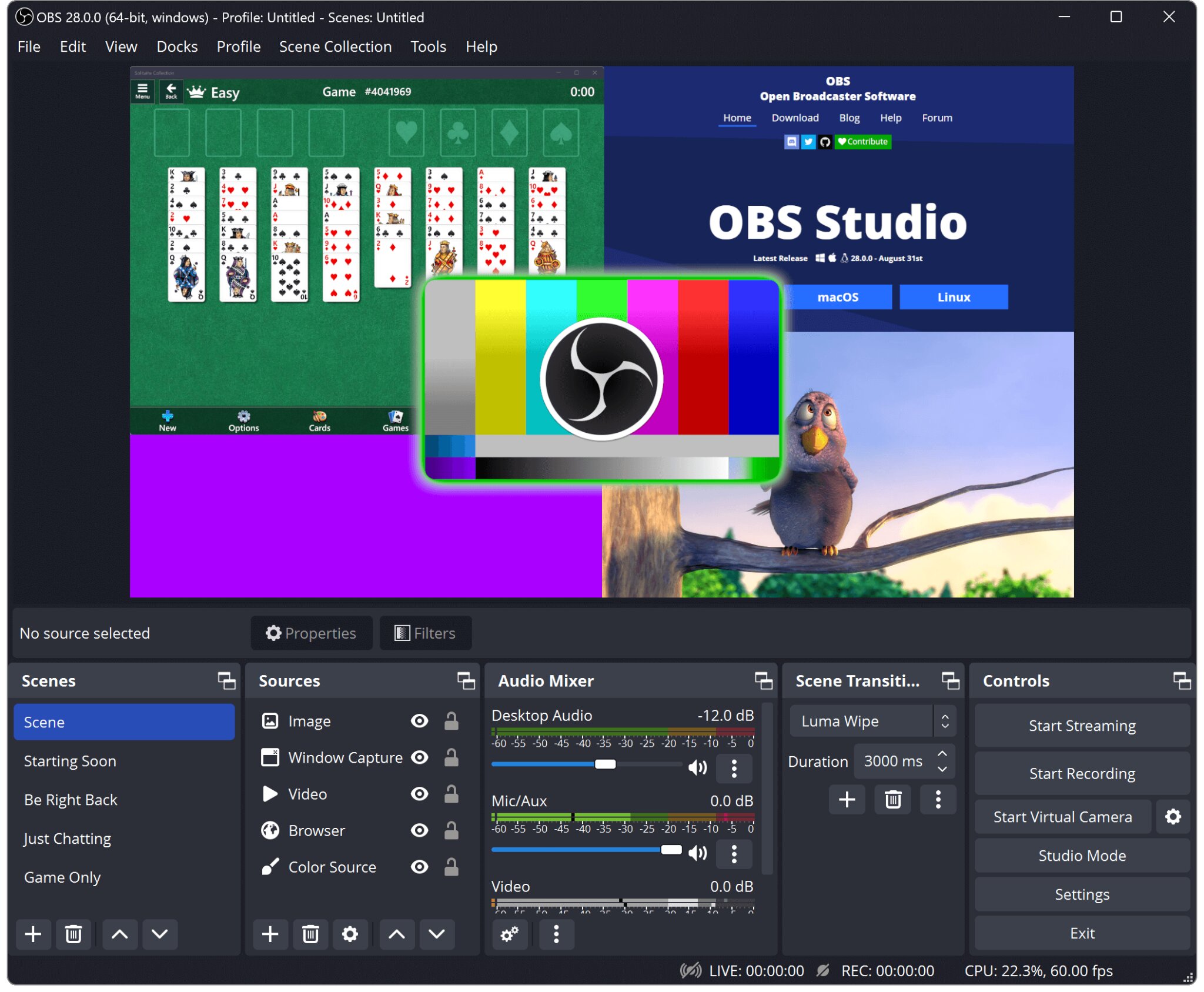 OBS Studio recording interface presented as a free tool for how to start a podcast on YouTube.