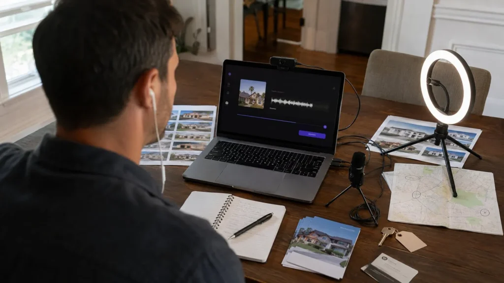 Realtor uploading an episode from a simple home setup while learning how to start a podcast on Spotify.