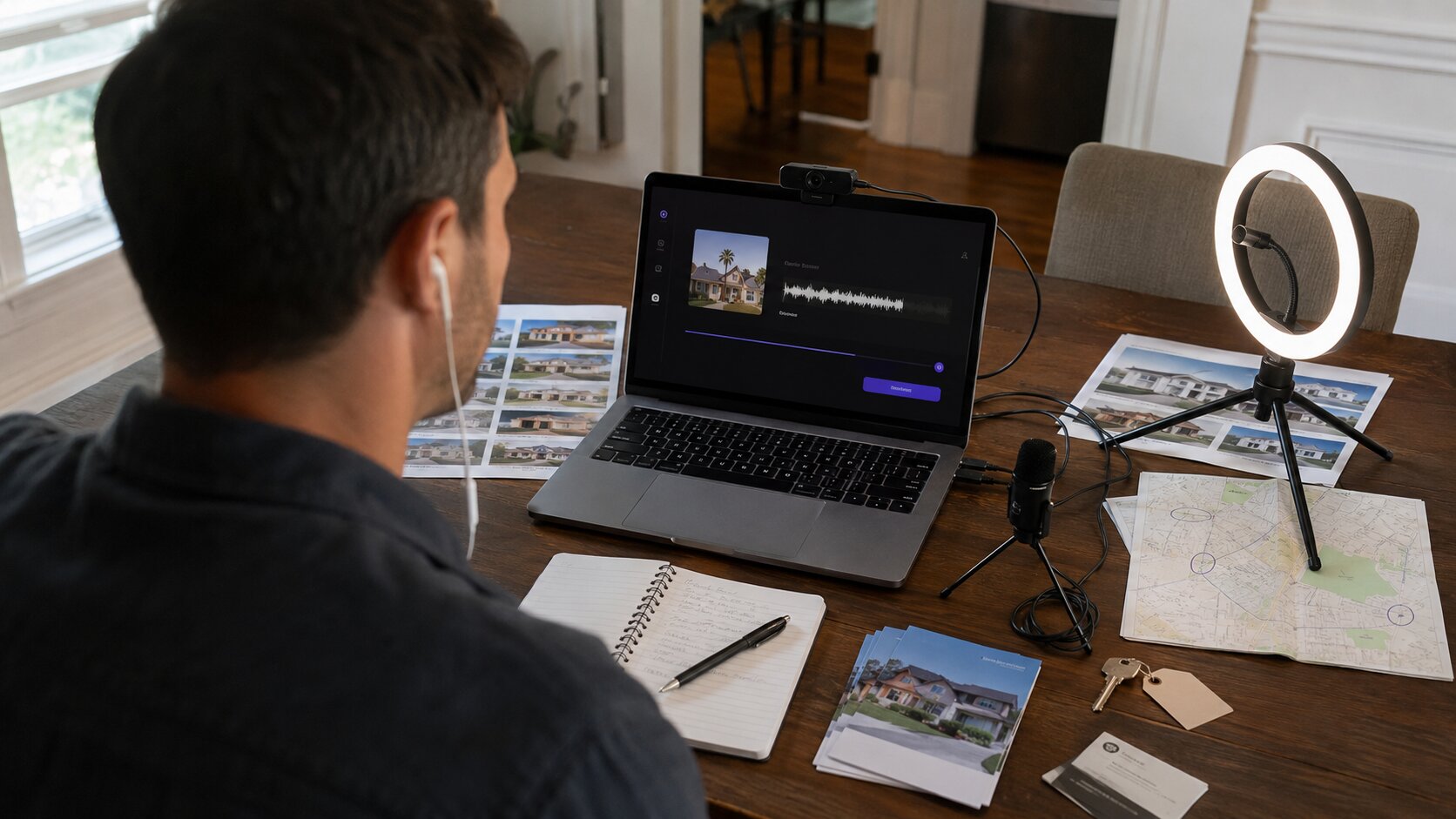 Realtor uploading an episode from a simple home setup while learning how to start a podcast on Spotify.