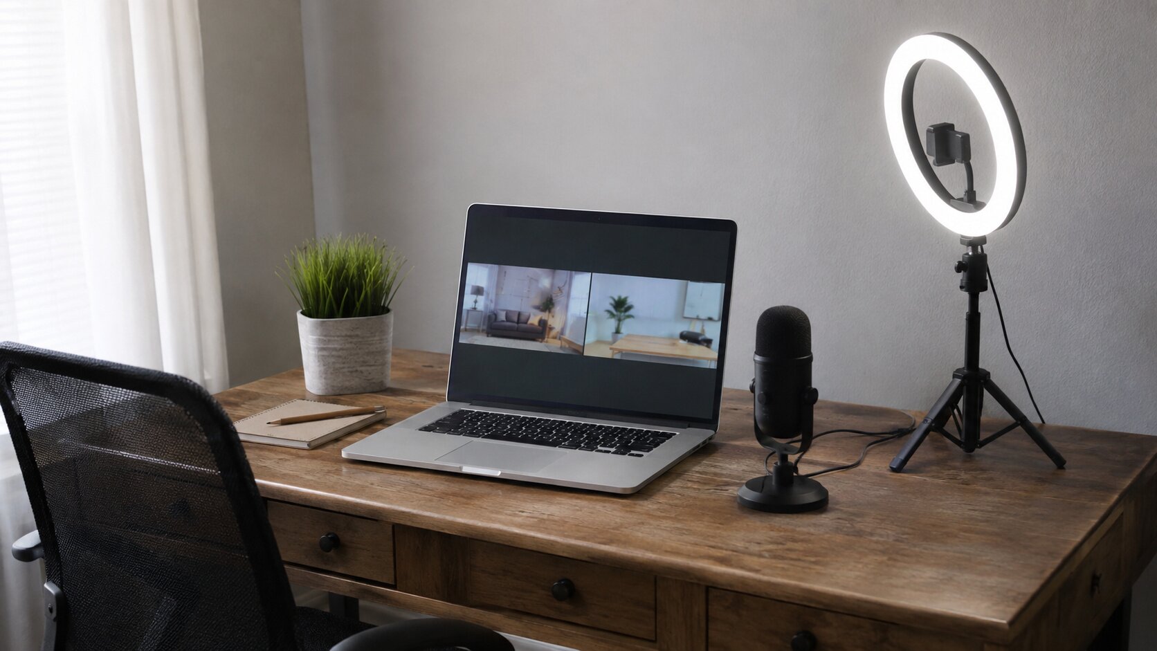 Simple laptop, microphone and ring light setup for learning how to start a podcast on Spotify.