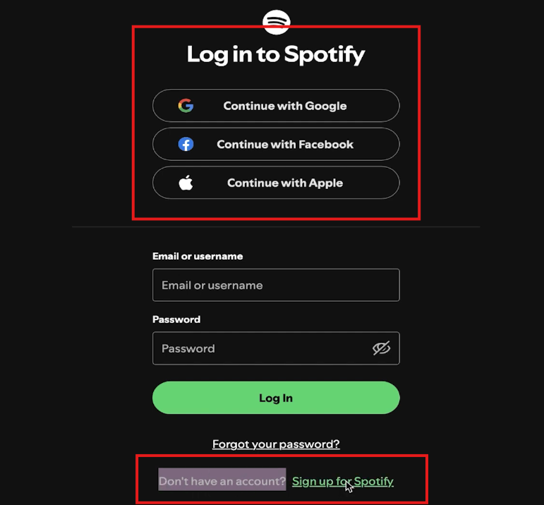 Spotify login and account creation options for users learning how to start a podcast on Spotify.