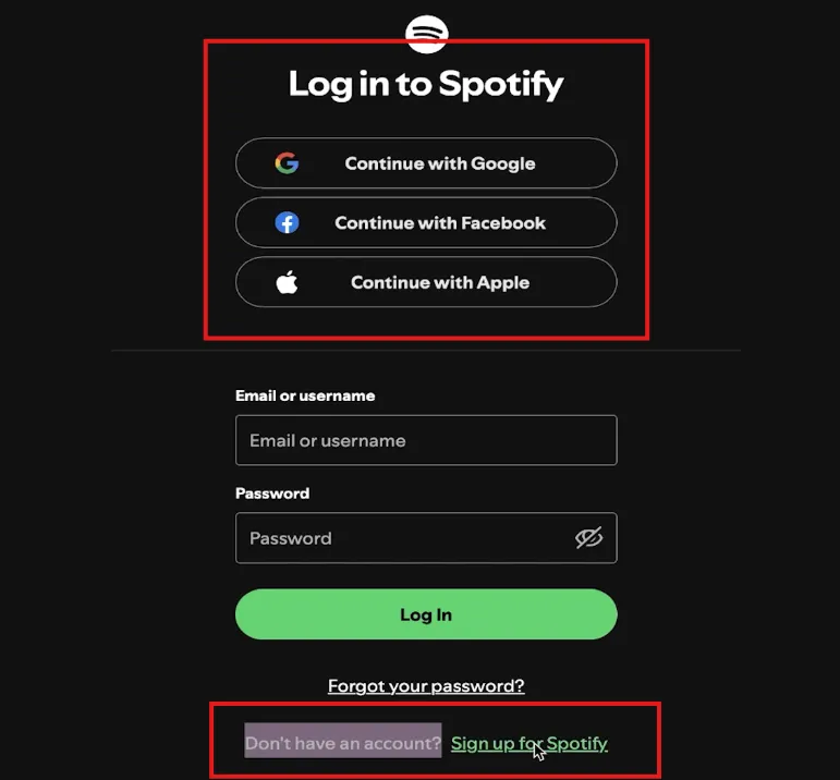 Spotify login and account creation options for users learning how to start a podcast on Spotify.
