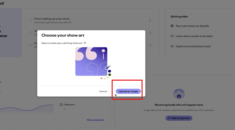 Upload custom show artwork as part of learning how to start a podcast on Spotify.