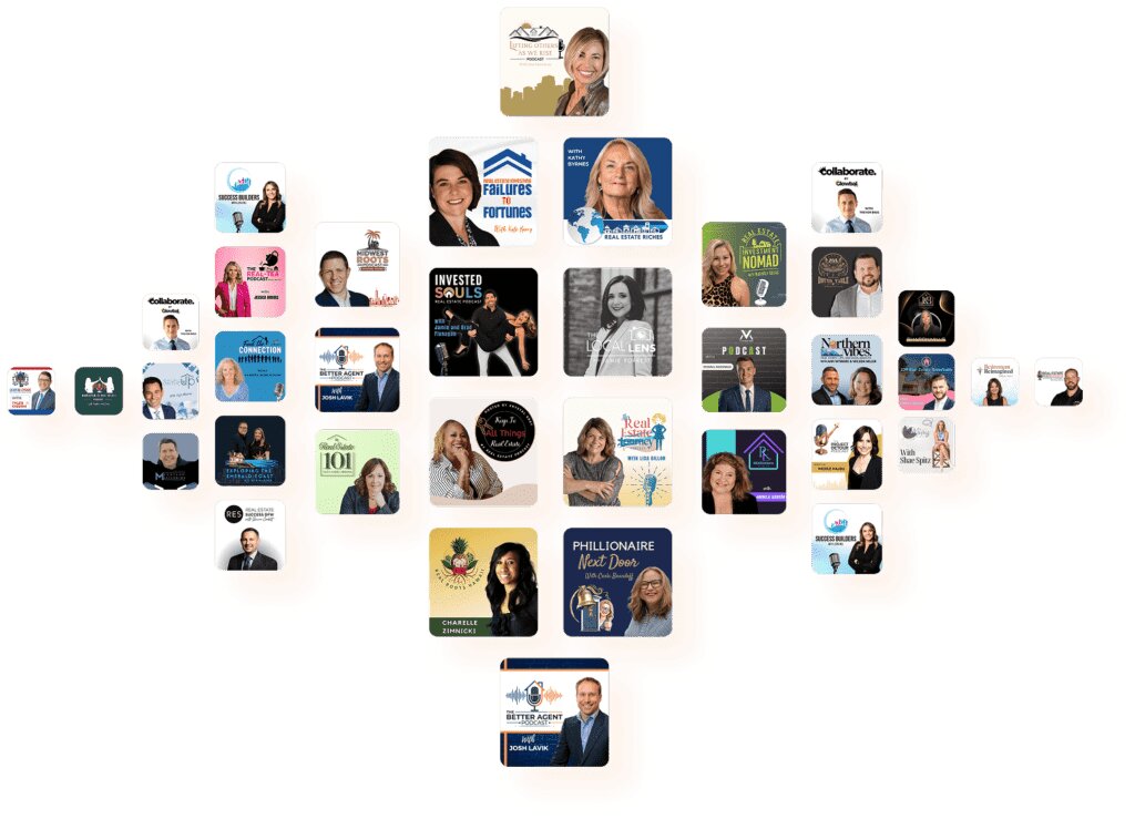 Why you should start a podcast as a real estate agent, illustrated by a network of real estate podcast shows featuring different hosts and topics.