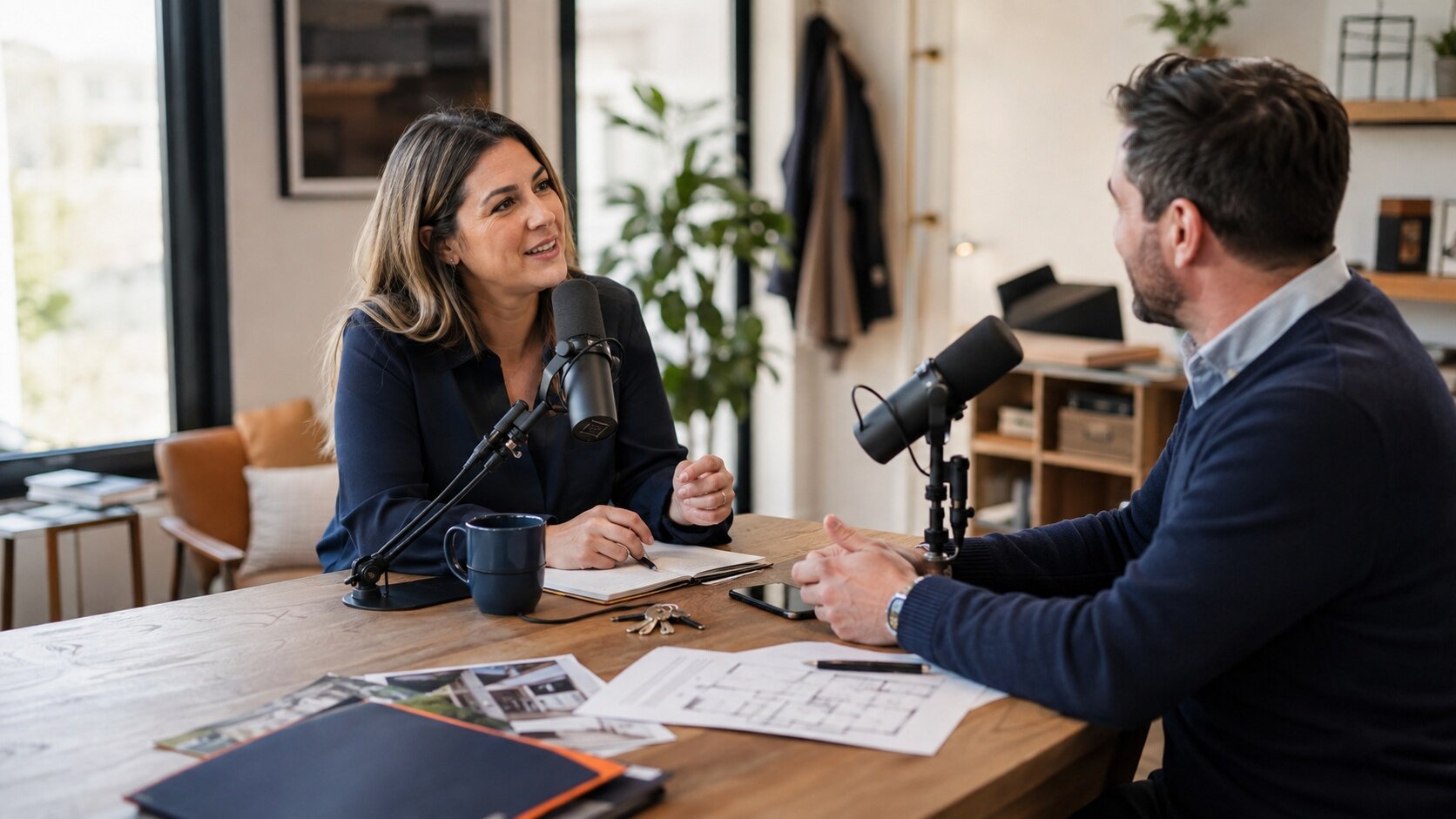 Why you should start a podcast as a real estate agent, illustrated by two professionals having a podcast interview with microphones at a table.