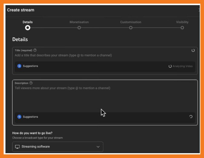 YouTube Create Stream page for adding broadcast details when learning how to start a podcast on YouTube.