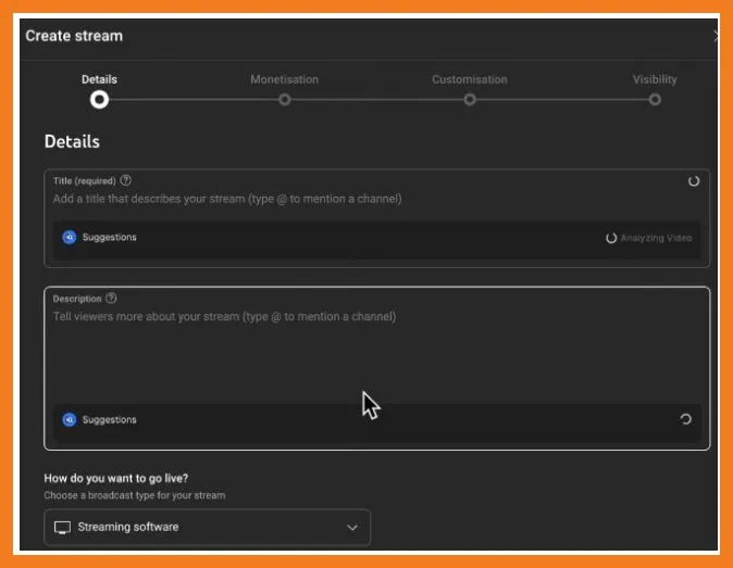 YouTube Create Stream page for adding broadcast details when learning how to start a podcast on YouTube.