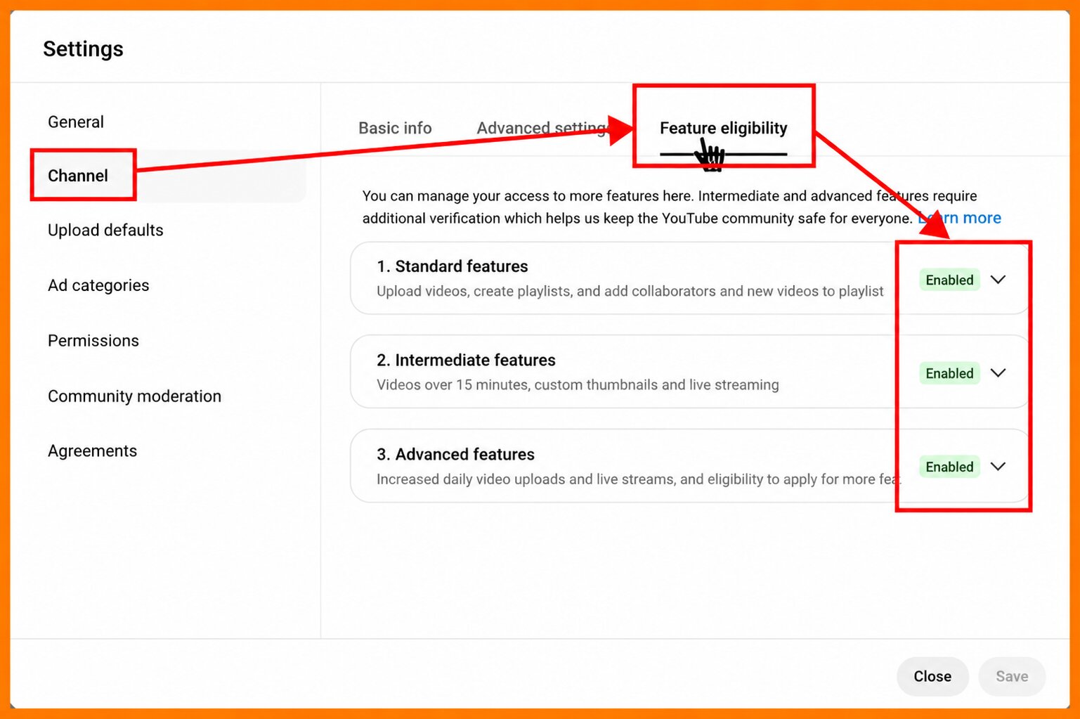 YouTube Studio feature eligibility settings used when learning how to start a podcast on YouTube and go live.