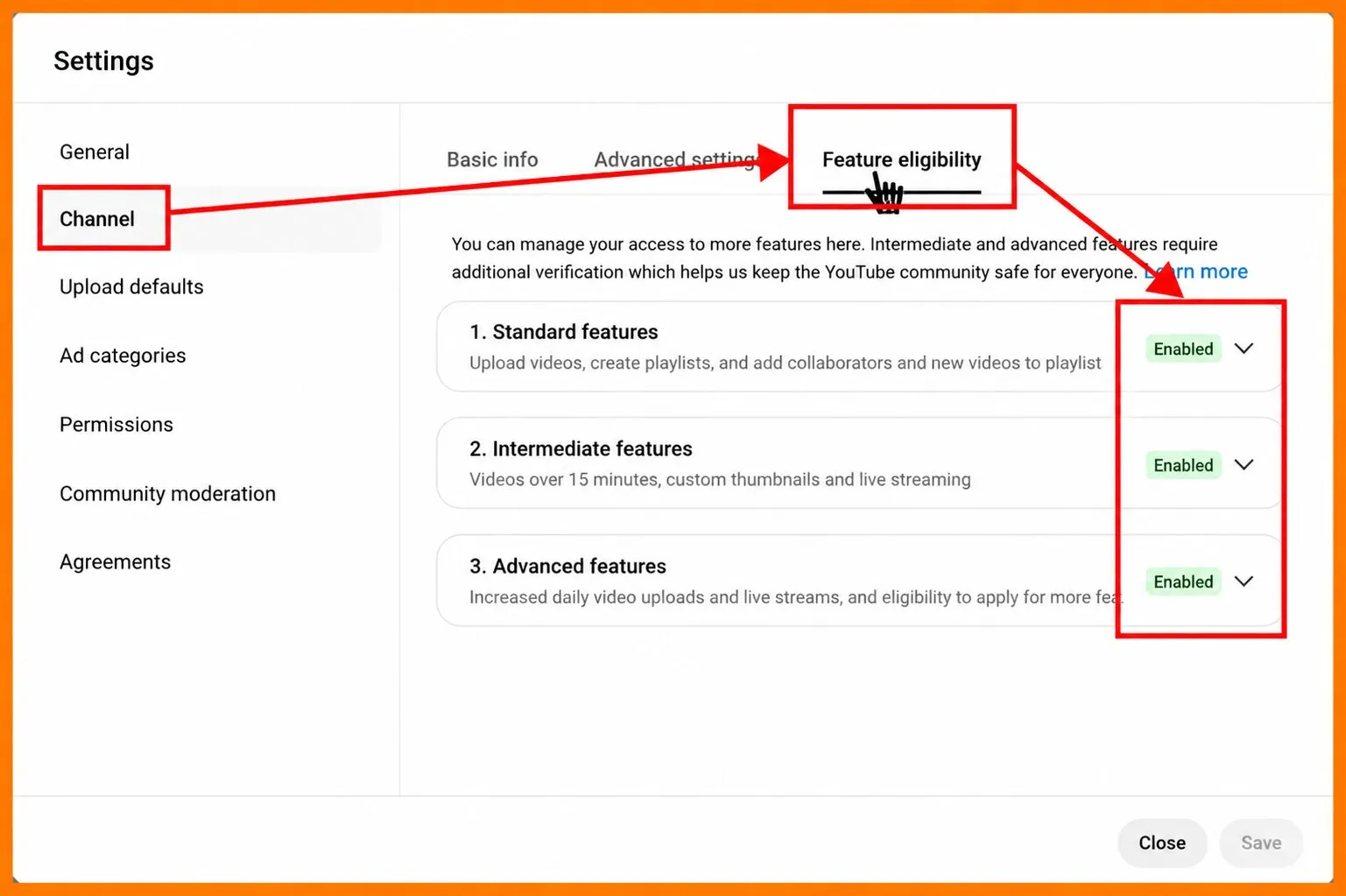 YouTube Studio feature eligibility settings used when learning how to start a podcast on YouTube and go live.