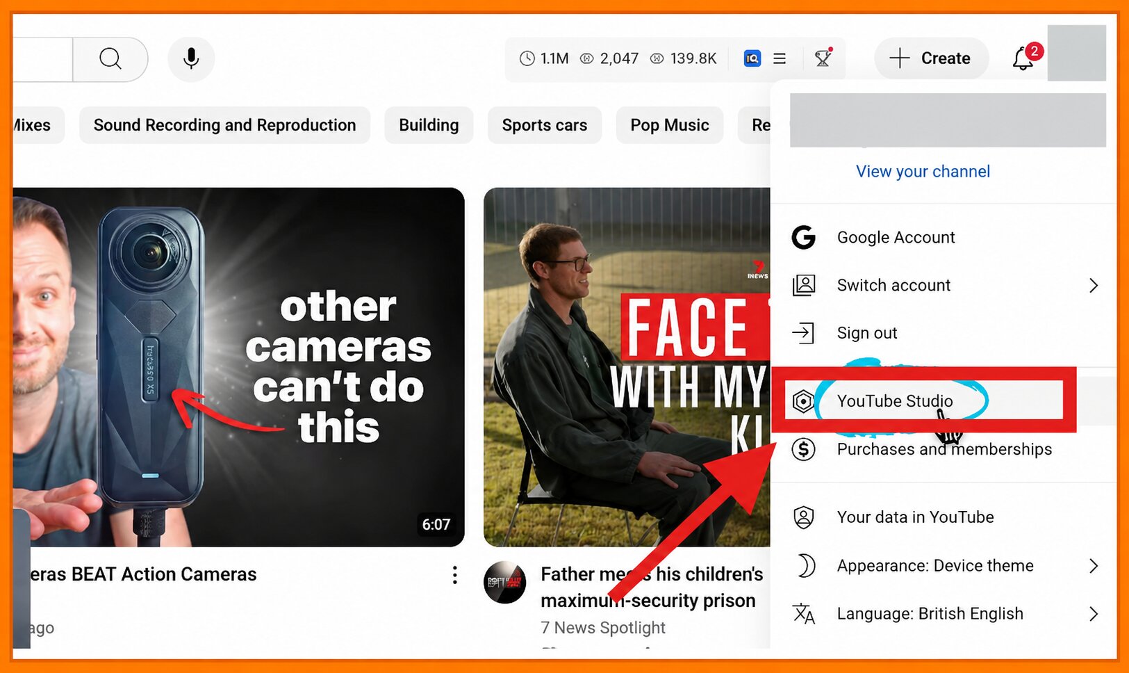 YouTube account menu highlighting YouTube Studio in a guide about how to start a podcast on YouTube