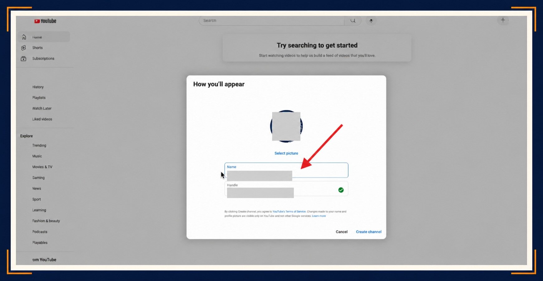 YouTube channel setup window for entering a name when learning how to start a podcast on YouTube.