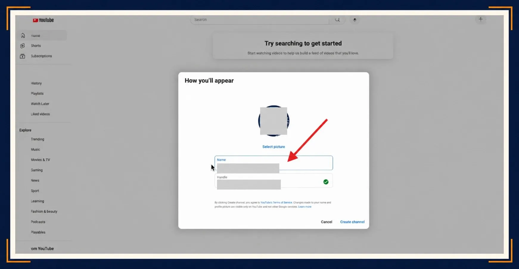 YouTube channel setup window for entering a name when learning how to start a podcast on YouTube.