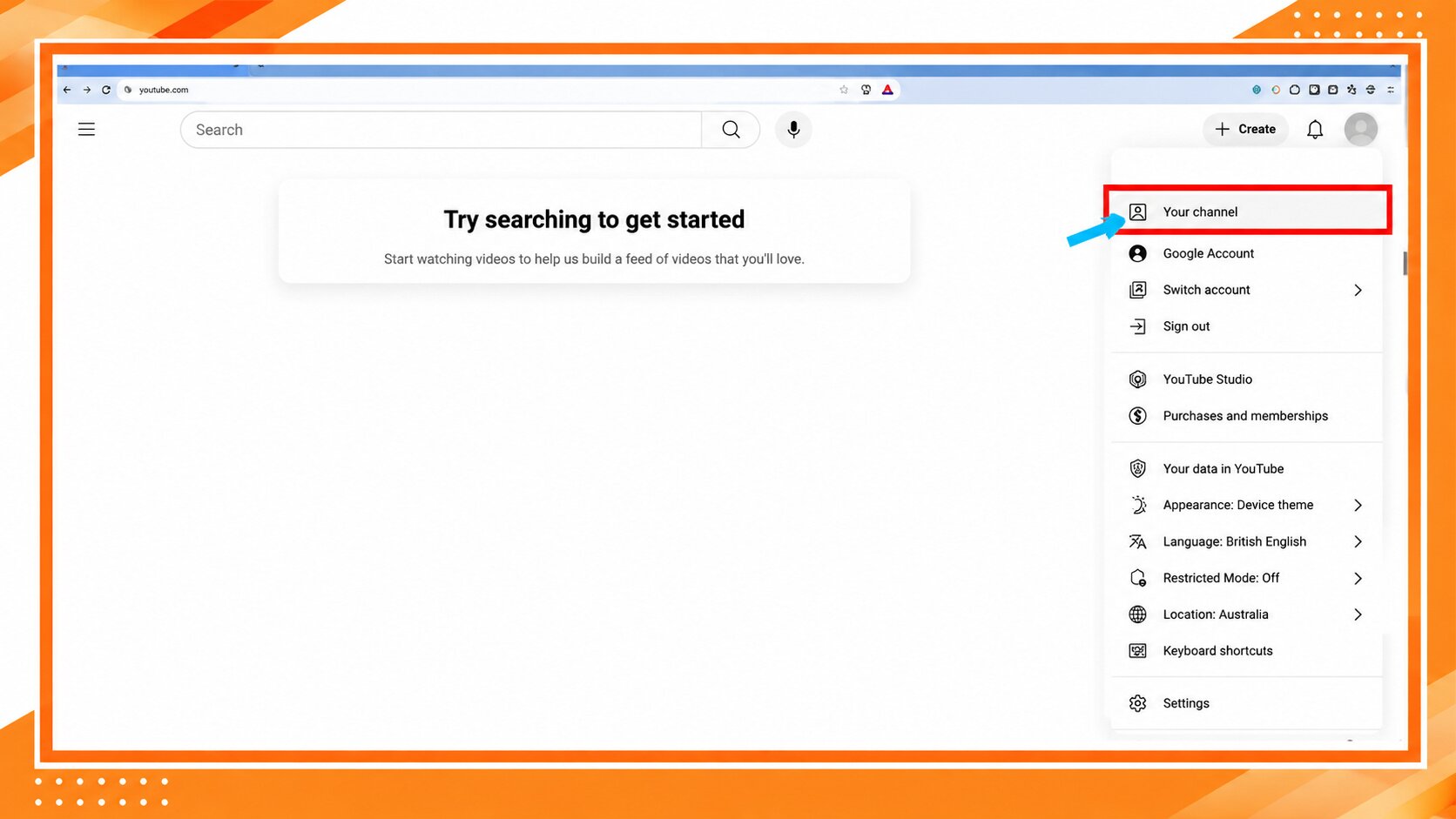YouTube menu showing the Create a channel option while explaining how to start a podcast on YouTube.