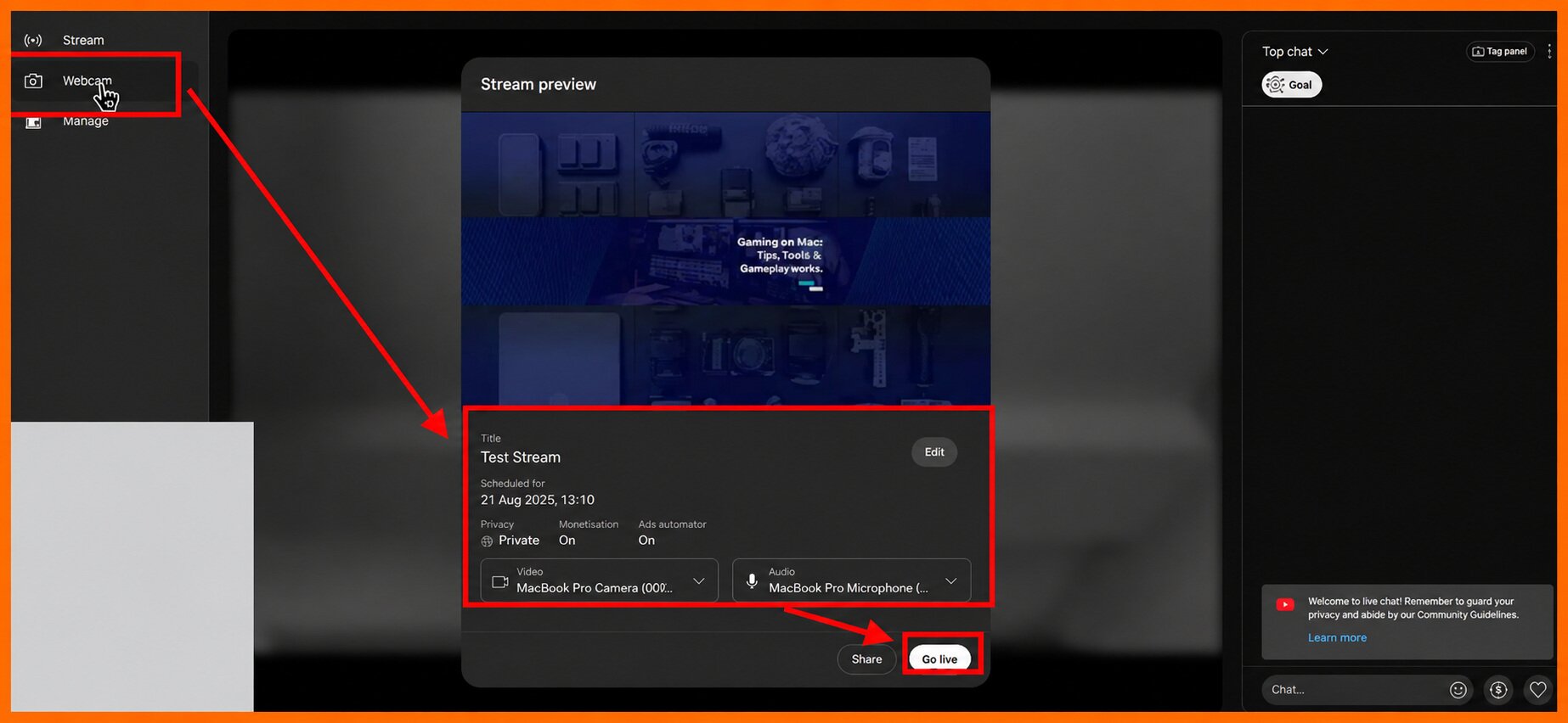 YouTube stream preview with podcast details and a Go Live button for how to start a podcast on YouTube.