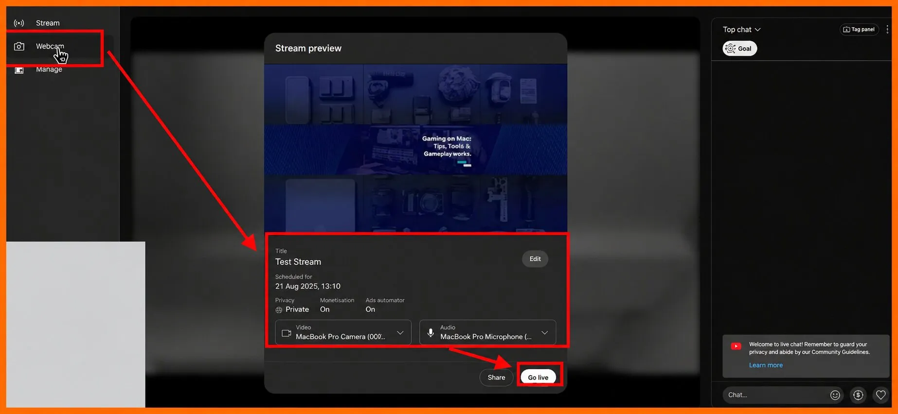 YouTube stream preview with podcast details and a Go Live button for how to start a podcast on YouTube.