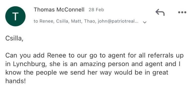 Email naming our client the go-to referral agent for Lynchburg