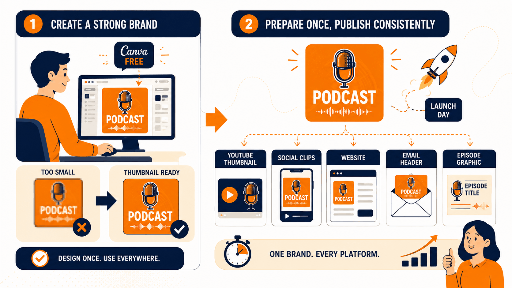 How much does it cost to start a podcast infographic showing a free Canva cover art option and reusable branding assets for YouTube thumbnails, social clips, a website, email, and episode graphics.