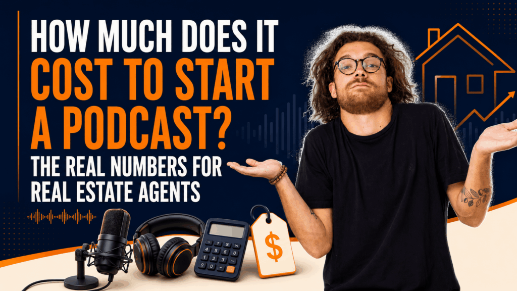 How much does it cost to start a podcast for real estate agents, featuring Tomas with a microphone, headphones, calculator, price tag, and house graphic.