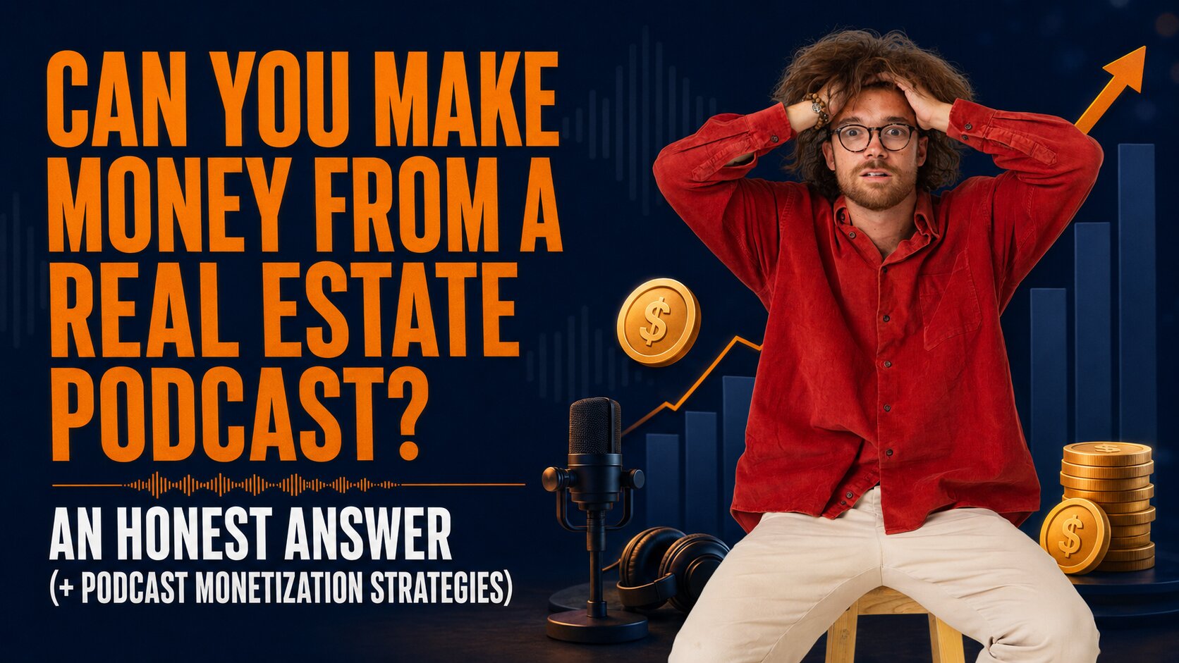 Feature image illustrating podcast monetization strategies for a real estate podcast, featuring Tomas with a microphone, revenue chart, and coins.