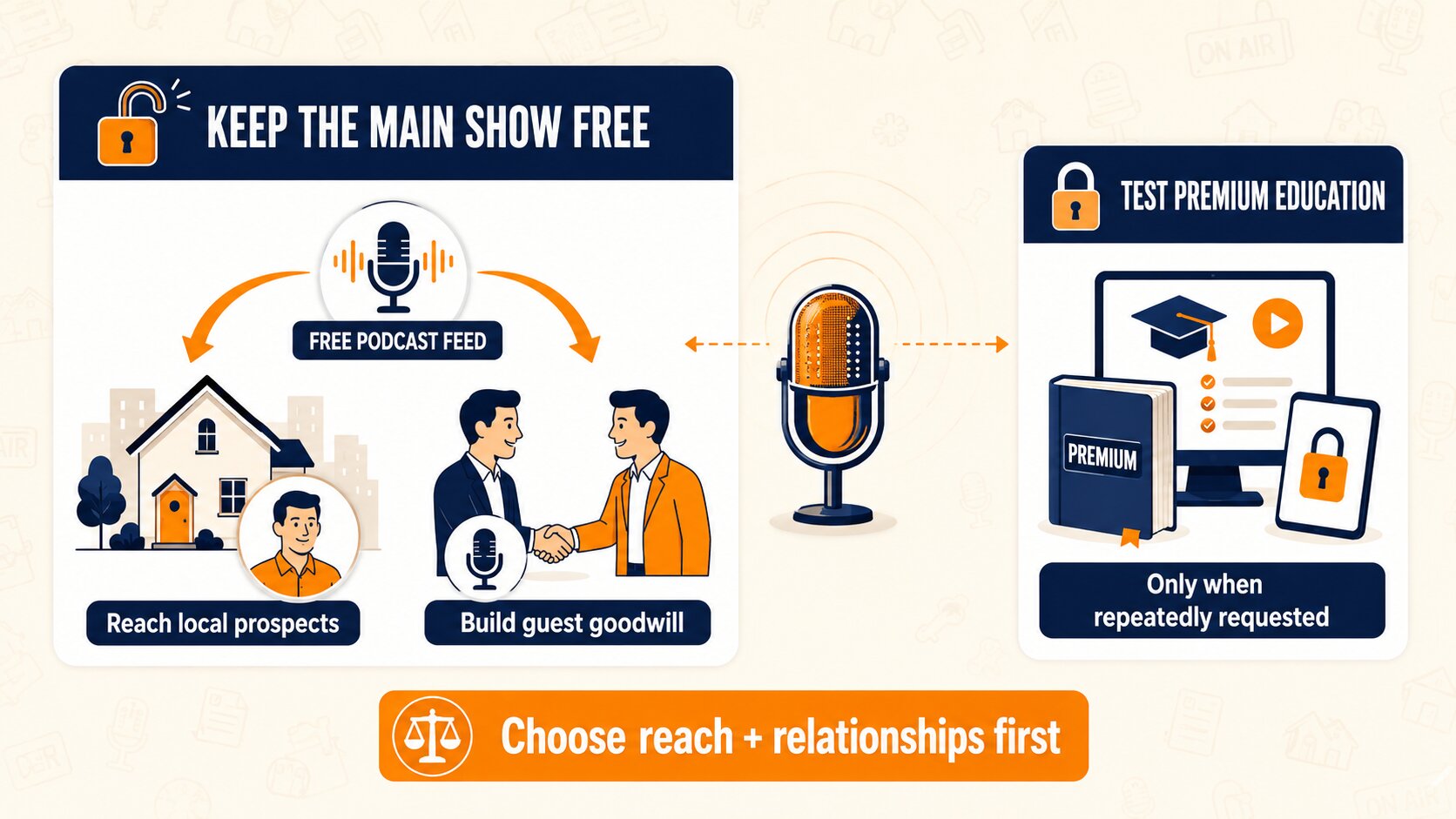 Podcast monetization strategies infographic showing why agents should keep their main podcast free for local reach and guest relationships, while testing requested premium education separately.